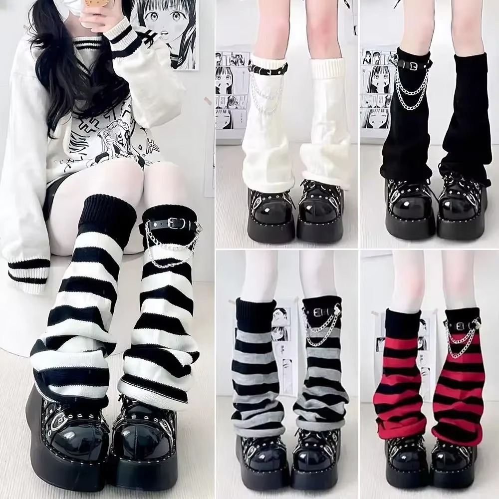 Boot Sock Slouchy - Gothic Harajuku Strick-Beinwärmer, Lässige Gestrickte Ketten-Stiefelmanschetten,
